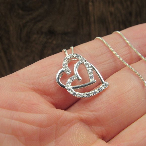 18" Sterling Silver Cubic Zirconia Double Heart Pendant Necklace Vintage - Picture 3 of 7